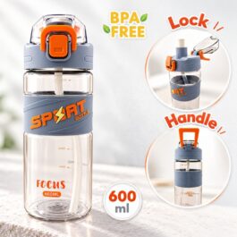 600ml Transparent Sports Water Bottle with Straw, Flip-Top Lid and Silicone Grip