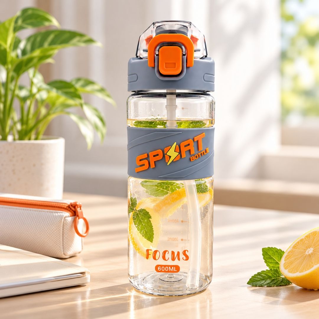 600ml transparent sports water bottle with grey grip, orange flip-top lid and drinking straw