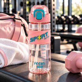 600ml Pink Sports Water Bottle with Straw, Flip-Top Lid and Handle