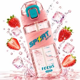600ml Pink Sports Water Bottle with Straw, Flip-Top Lid and Handle