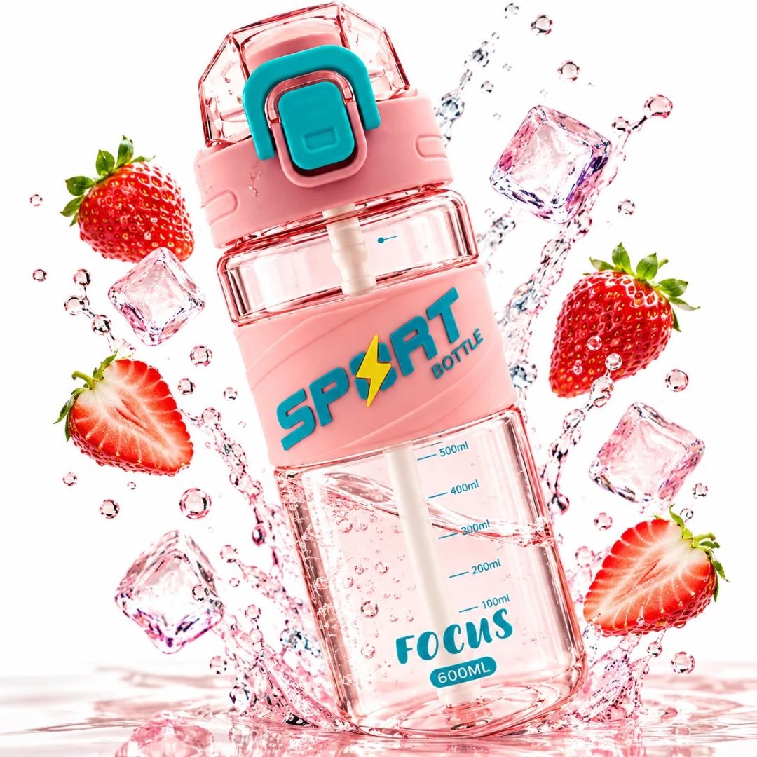 600ml pink sports water bottle with teal flip-top lid, straw, carry handle and measurement markings.