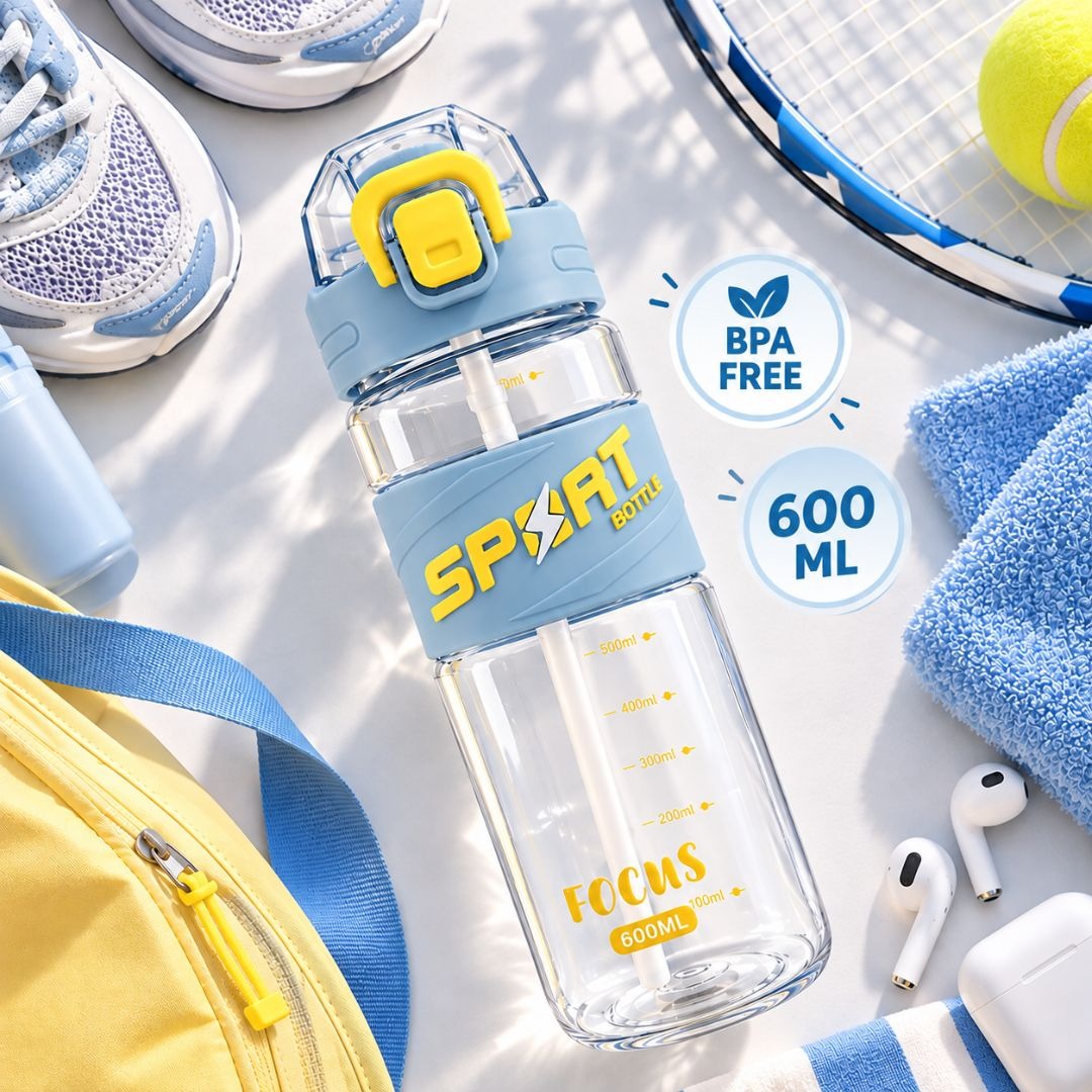 600ml transparent sports water bottle with blue body accents, yellow flip-top lid, drinking straw and carry handle