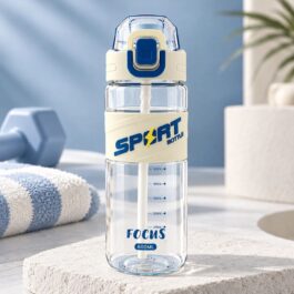 600ml Transparent Sports Water Bottle with Straw, Locking Lid and Carry Handle – white & Blue