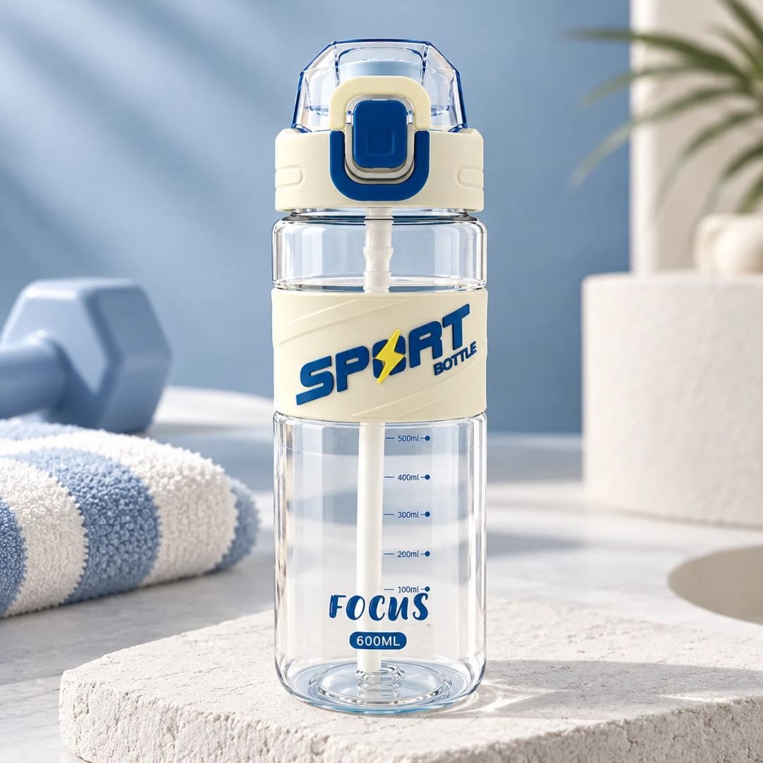 600ml transparent sports water bottle with cream and blue accents, straw and carry handle.