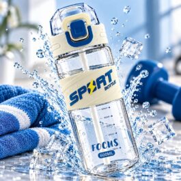 600ml Transparent Sports Water Bottle with Straw, Locking Lid and Carry Handle – white & Blue