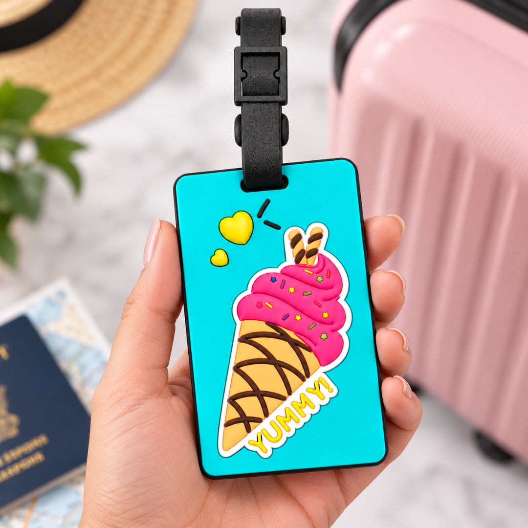 Ice cream silicone luggage tag with turquoise background and black strap